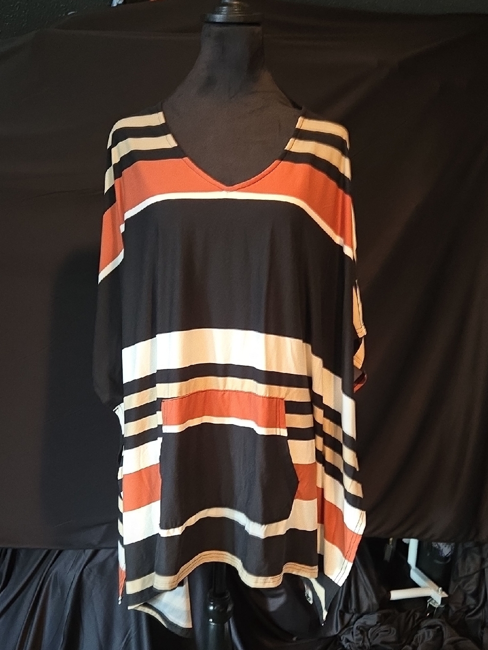 LuLaRoe Striped V-Neck Shelby Poncho in Black, White & Rust